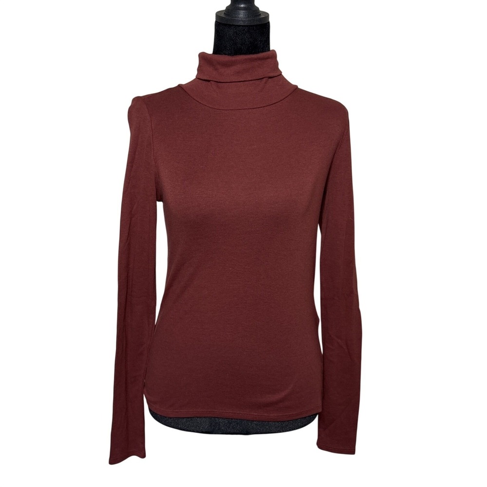 NWT EILEEN FISHER‎ (XXS) RIBBED PIMA COTTON BLEND REDWOOD KNIT TURTLENECK TOP